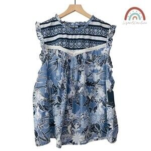 New! Angels Blue Floral Sleeveless Peasant High Neck Cotton Top
